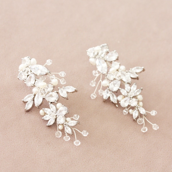 Pendientes de boda llamativos con diamantes de imitación, perlas auténticas y cristales para novias.