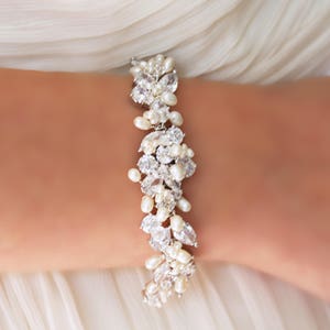 Statement Bridal Bracelet, Wedding Jewelry, Rhinestone, Genuine Pearl and Crystal Bracelet