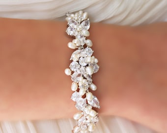 Statement Bridal Bracelet, Wedding Jewelry, Rhinestone, Genuine Pearl and Crystal Bracelet