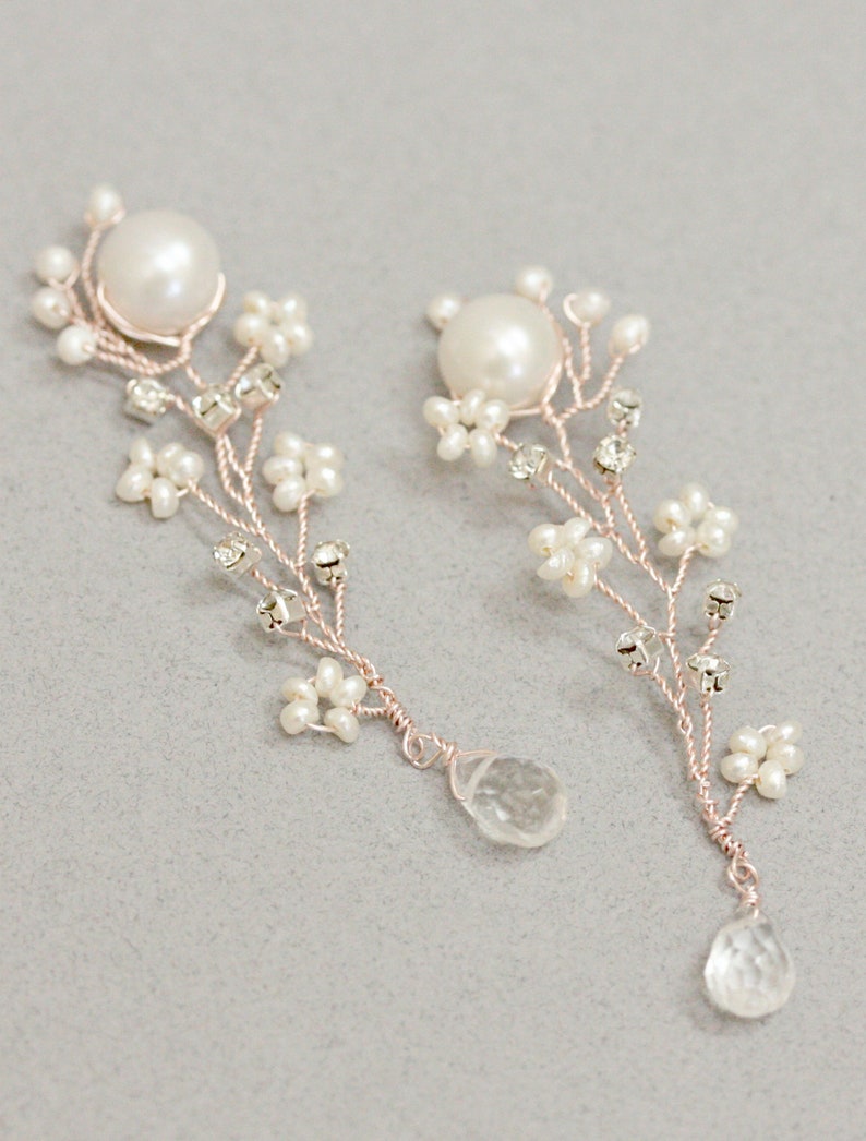 Delicate Rose Gold, Freshwater Pearl and Crystal Wedding Necklace image 4