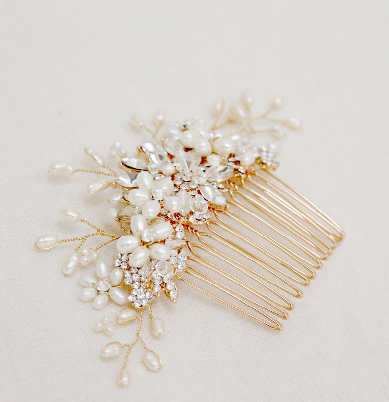 Gold or Silver Freshwater pearl and rhinestone Large Bridal Hair Comb image 2