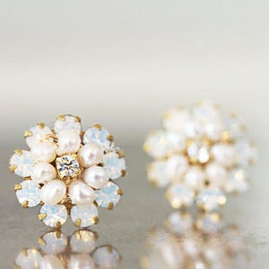 New! Delicate Freshwater Pearl and Crystal Opal Flower Post Wedding Earrings