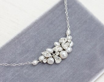 Alexa Tiny Freshwater Pearl and Rhinestone Cluster Necklace