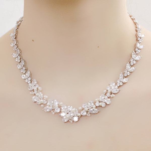 Bridal Silver Rhinestone, Genuine Pearl, and Crystal Wedding Graduated Necklace