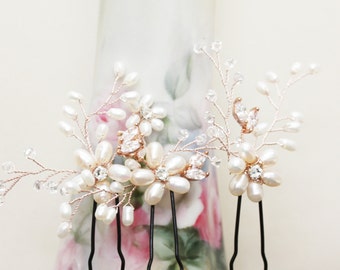Rose Gold Bridal Hair Pins, Freshwater Pearl Flower Hair Pins, Flower Headpiece, wedding Hair Fascinator