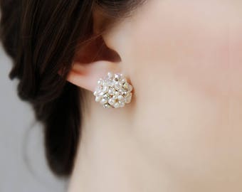 Statement Bridal Tiny Freshwater Pearl, Crystal and Rhinestone Stud Post Earrings