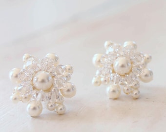Whimsical Swarovski Pearl and Crystal Bridal Stud Earrings