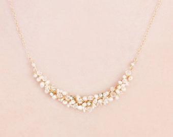 Delicate Bridal Freshwater Pearl, Swarovski Crystal and Rhinestone Minimalist Necklace