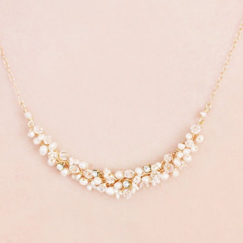 Delicate Bridal Freshwater Pearl, Swarovski Crystal and Rhinestone Minimalist Necklace