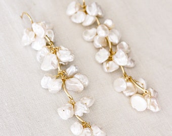 Keshi Genuine Pearl Long Flower Drop Earrings