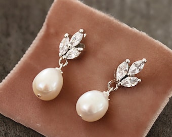 Virginia Delicate Rhinestone and Genuine Pearl Post Drop Earrings - Ready to Ship - Free Domestic Shipping