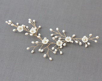 Bridal Freshwater Pearl, Handcarved Mother of Pearl Flower and Rhinestone head band, Halo Headpiece, Crown Bridal Hair Fascinator Accessory