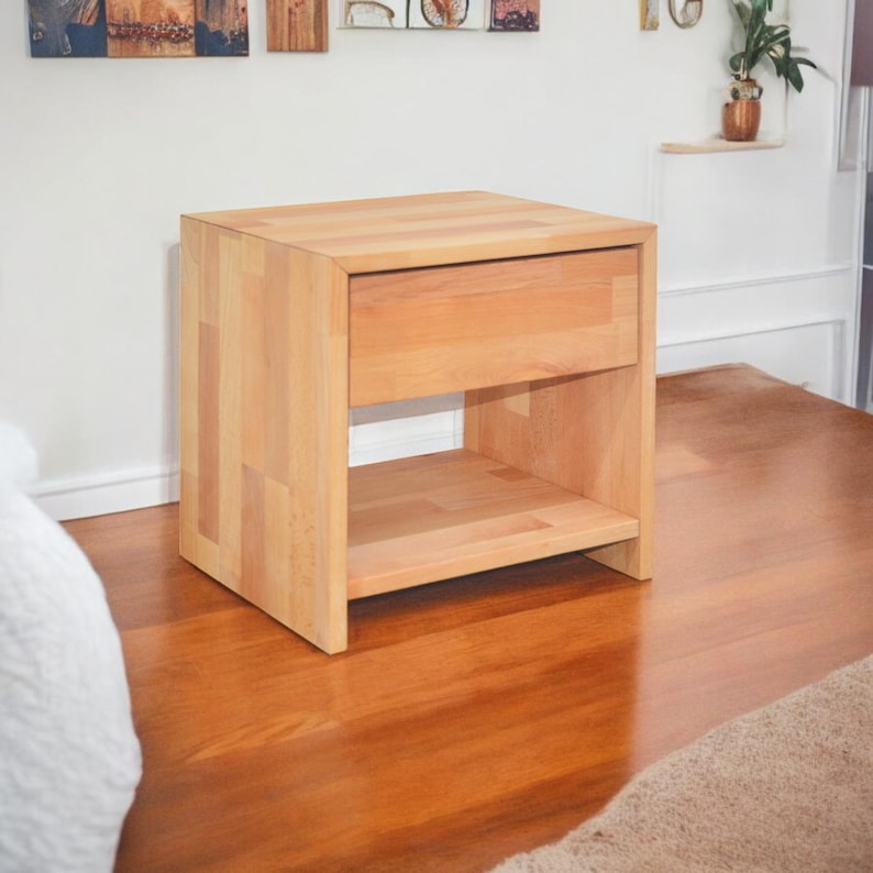 Solid Oak Wood Nightstand With Drawer, Bedroom Furniture, Wooden ...
