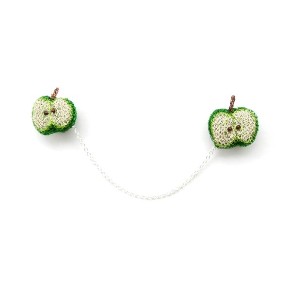 RESERVED Apple brooch - collar connector, food brooch, food jewelry, double brooch, green apple, fun brooch, wire jewelry, lapel pin, fruit