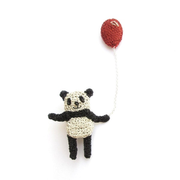 Panda brooch - panda holding a balloon,  panda bear jewelry, animal brooch, crochet wire jewelry, bear brooch, unique animal pin