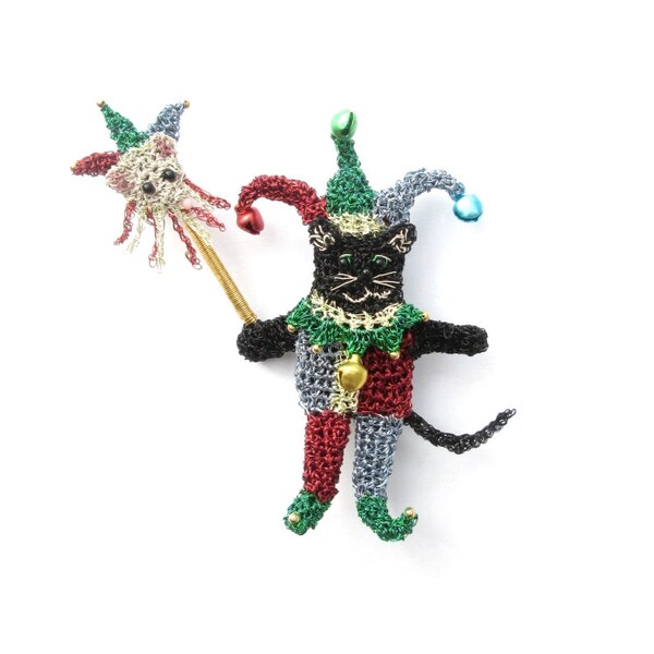 Cat and mouse brooch - Jester cat, clown jewelry, unusual colourful brooch, one of a kind, unique jewelry, handmade, cat animal pin