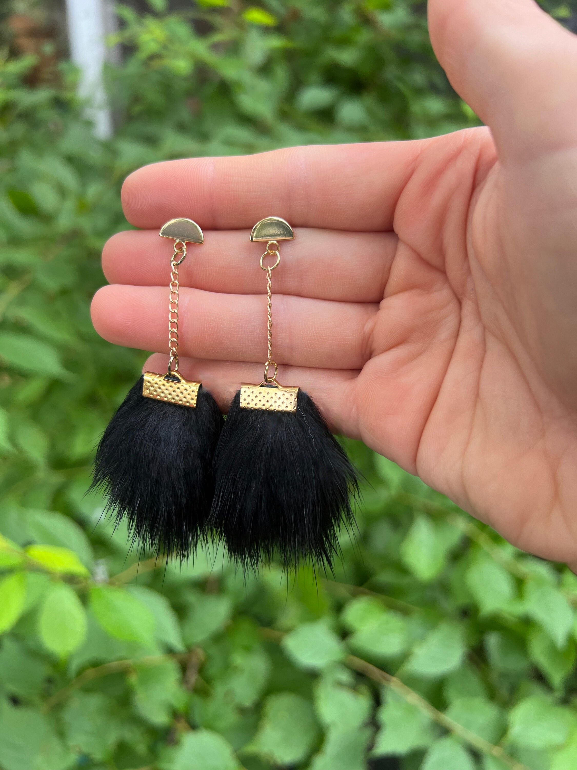 Boucles D'Oreilles Fantaisie - Style Pendant Fourrure Et Perles - Doré - Acier Inoxydable - Occasion