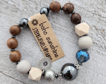 Chunky Stretchy Bracelet, Hematite Beads,Blue Czech Glass Bead and Natural Wood