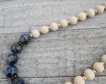 Sodalite and Chunky Natural Wood Gemstone Necklace silver stainless steel findings