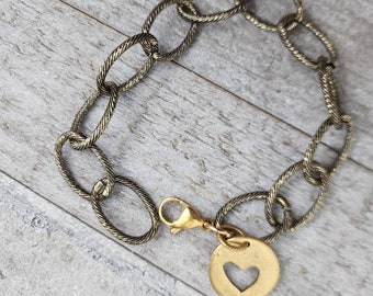 Bracelet Statement Mixed Metal Chunky Cable Antique Bronze Charm Heart