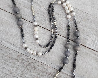 Luxe Gemstone Necklace long strand 32 inches of Freshwater Pearl and Pyrite beads can wear single or doubled