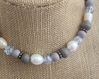 Freshwater Pearl Chunky Gemstone Necklace blue, gray, white, silver, stainless steel findings