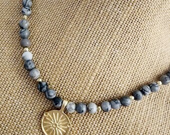 Jasper Chunky Gemstone gray and gold sun Pendant Necklace, stainless steel findings