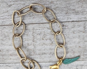 Bracelet Statement Mixed Metal Chunky Cable Antique Gold Charm Angel Wing