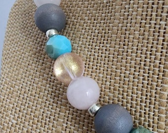 Quartz Chunky Gemstone Necklace gray, aqua, pink, gold, silver stainless steel findings