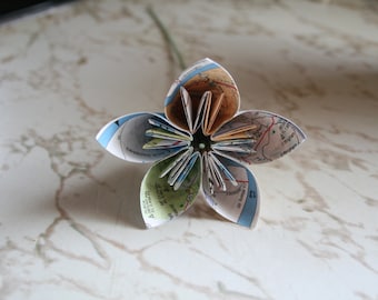 Map Paper Origami Flowers - Set of 6, Travel Theme Decor