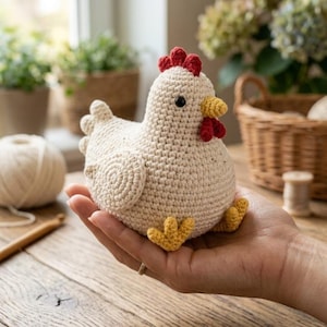 May include: A small, round, cream-colored crocheted chicken toy featuring a bright red comb and wattle, a yellow beak, and yellow feet. The chicken has a textured, yarn-based surface with a single black bead eye visible on the side of its head.