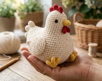 Handgemaakt gehaakt kippenknuffeltje, schattig amigurumi hennetje, boerderijdieren decoratie voor de kinderkamer, esthetische bureauaccessoire en cadeau