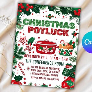 Może przedstawiać: Świąteczne zaproszenie na Wigilię z zielonymi i czerwonymi akcentami. Projekt zawiera świąteczne obrazy, takie jak ostrokrzew, laski cukrowe i garnek. Tekst brzmi "Christmas Potluck" i zawiera szczegóły wydarzenia.