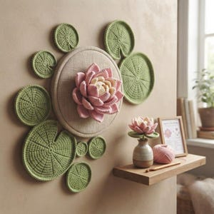 May include: A wall-mounted circular beige fabric hoop featuring a large, layered pink and cream crochet lotus flower surrounded by several green crochet lily pads. A small ceramic vase holds a matching crochet lotus on a wooden shelf nearby.