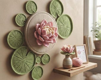 Handgemaakte gehaakte set met roze lotusbloemen en waterlelies, 3D botanische textielkunst, esthetische boho-woondecoratie