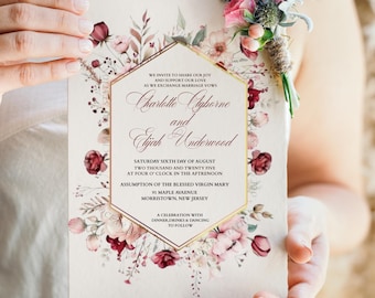 Burgundy Floral Wedding Invitation Template: Elegant Boho Design (Printable)