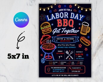 Bewerkbare uitnodiging voor een barbecue op Labor Day, Neon Grill & Chill barbecue-uitnodiging voor in de achtertuin, Canva-sjabloon