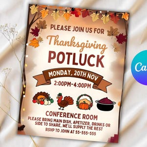 May include: Thanksgiving Potluck invitation with fall leaves and turkey illustrations. The invitation includes the date, time, and RSVP information. The Canva logo is in the corner.