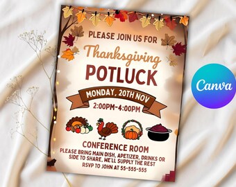 Thanksgiving Potluck Flyer | Editable Invitation Canva Template (Digital Download)