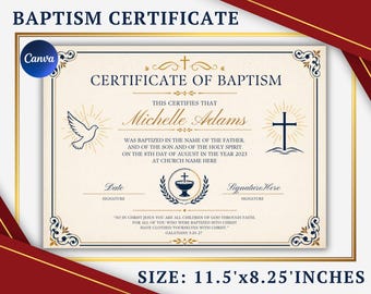 Bewerkbaar doopcertificaat sjabloon Canva | Doopcertificaat voor een babyjongen | Elegant kerkelijk doopcertificaat om af te drukken | Direct te downloaden als PDF