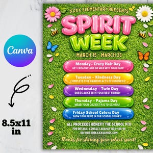 Könnte beinhalten: Ein farbenfrohes Flugblatt für die Spirit Week an der XXXX Elementary School, mit einem grünen Gras Hintergrund mit Blumen, Bienen und Schmetterlingen. Das Flugblatt listet tägliche Themen vom 15. bis 23. März auf. Das Flugblatt ist 21,59 x 27,94 cm groß.
