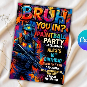 Può includere: Un vivace invito a una festa di paintball con il testo "BRUH YOU IN? PAINTBALL PARTY" e i dettagli dell'evento. Il design presenta un'illustrazione di un giocatore di paintball in blu e arancione, con il logo Canva nell'angolo.
