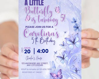 Purple Butterfly Birthday Invitation | Butterfly Theme Girl Party | Editable Canva Invitation | Instant Download