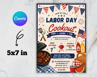 Sjabloon voor een uitnodiging voor een Labor Day-feest, bewerkbare Canva-uitnodiging, uitnodiging voor een barbecue, digitale download