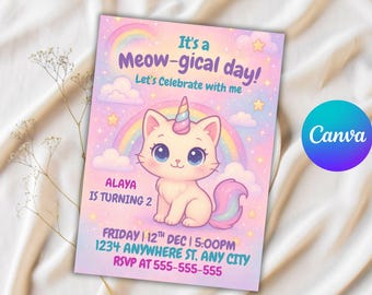 Caticorn Birthday Invitation | Rainbow Unicorn Cat Party (Editable Canva Template, Digital Download)