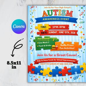 Puede incluir: Un folleto colorido para un evento de concienciación sobre el autismo. El diseño incluye piezas de rompecabezas, texto y el logotipo de Canva. El folleto mide 21,59 x 27,94 cm e incluye detalles del evento.