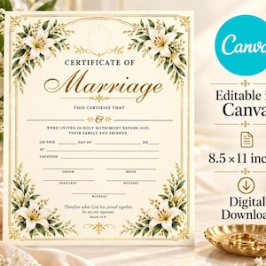 Pode incluir: Um certificado de casamento cor de creme medindo 8,5 por 11 polegadas, com bordas douradas e ilustrações de lírios brancos nos cantos. O texto diz Certificate of Marriage, This certifies that, e inclui linhas para nomes, datas e assinaturas.