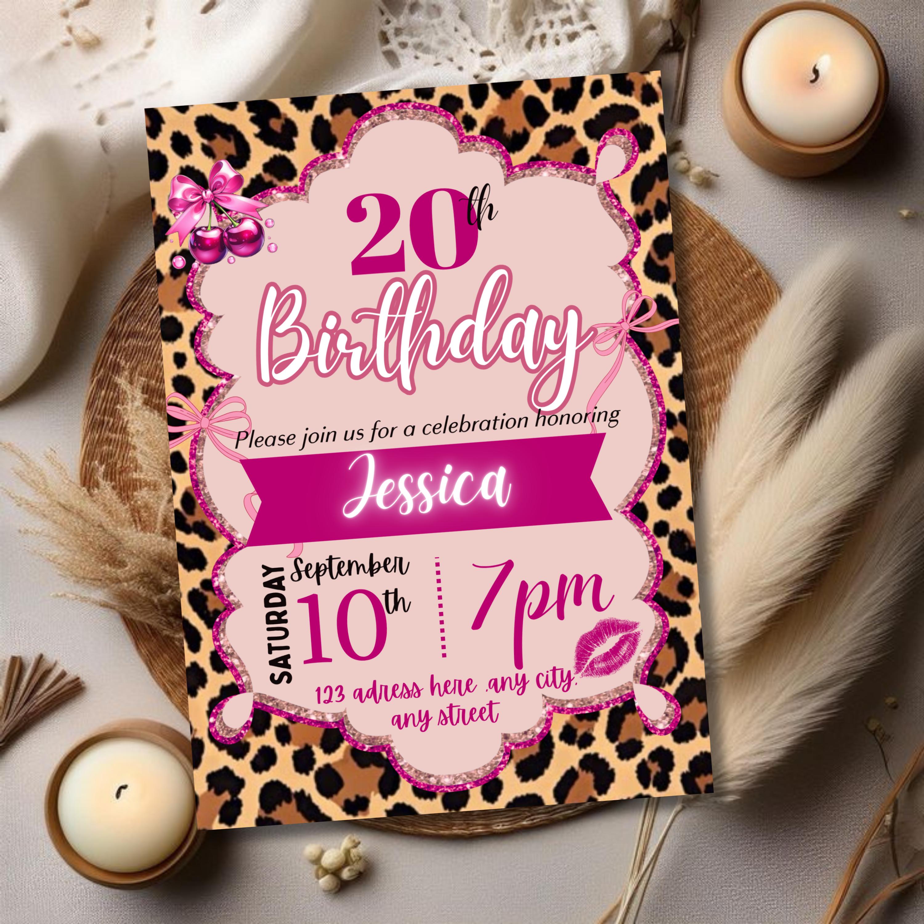 Cheetah Print Birthday Invitation, Cherry Theme | Leopard Party Invite ...
