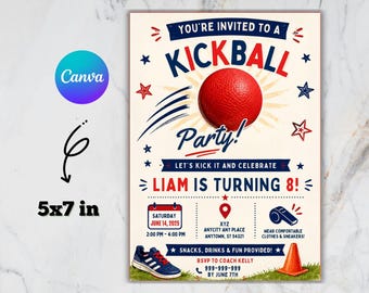 Bewerkbare sjabloon voor kickball-uitnodiging, flyer voor sportverjaardagsfeest (canvadownload)