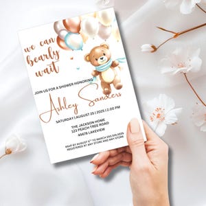 Editable Bear Baby Shower Invitation Template Bear Balloons Gender Reveal digital invite Canva party invitations baby girl boy invites